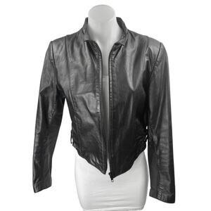Wilsons Black 100% Leather Long Sleeve Full Zip Cropped Moto Biker Jacket Sz 12